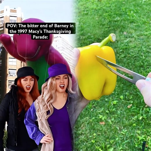 The bitter end of the Barney balloon in the 1997 Macy’s Thanksgiving Parade. #90skids #nostalgia