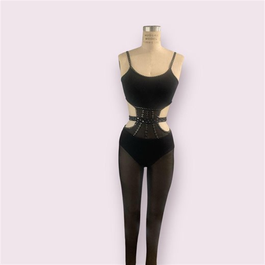 Black Unitard With Black Mesh Legs, Belt and Crystals - Etsy Canada