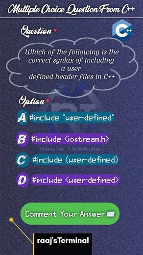 What is the CORRECT way to include a USER DEFINED header file in C++?#raajsTerminal