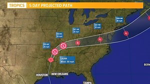 Forecast cone and spaghetti models for Hurricane Laura | 4 PM update