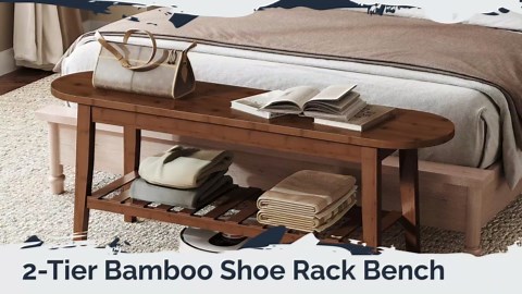 HOOBRO Dining Bench, 2-Tier Bamboo Farmhouse Entryway Bench, Indoor Storage Wooden Bench for Living Room, Dining Room, Hallway, Bedroom, Entryway, Bathroom, Brown BR06CD01