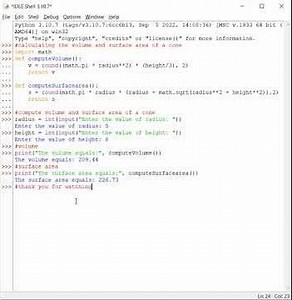 Compute the volume and surface area of a cone.