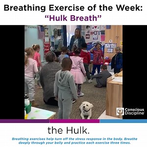 This week's Breathing Exercise comes to us from preschool teacher, Abby Quick of Fulton Early Childhood Center in Fulton, MO doing the "Hulk Breath." 💚 Shoutout to Jen Meyerhoff, the center director for sharing this clip, and to therapy dog in training, KC, who got to take part in the breathing fun as well! Breathe with Abby and her class to get your Hulk on!💪 #iHeartCD | Conscious Discipline®