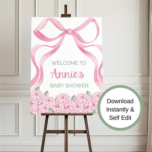 Pink Hydrangea Sign Baby Shower Welcome Printable Floral Invitation Editable Template Digital Download Customizable Design Girl Celebration - Etsy