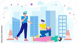 Illustration of a rescuer providing first aid to an injured person while a policeman stands nearby in an urban setting animated video
