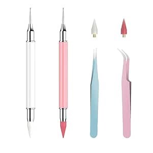 Rhinestone Picker Tool ,2 Pcs Dual-Ended Dotting Tools,Wax Pencil for Rhinestones ,Rhinestone Applicator, with 2 Extra Wax Tips and 2 Tweezers (White+Pink)