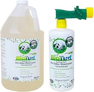 BioTurf BioS+ Odor Eliminator Concentrate Kit – Artificial Turf Cleaner for Dog Urine & Feces – Outdoor Yard Deodorizer Enzyme – Includes 1 Gallon, 32oz Spray Bottle & Hose Attachment