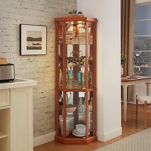 Curio Cabinets, HSUNNS 70-inch Corner Glass Display Cabinet with Adjustable Shelves & Lights - Perfect for Antique Collections, Displaying Photos, Artworks, Dark Oak