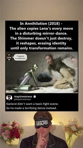 In Annihilation (2018), the alien mirrors Lena’s every move in a terrifying dance of identity