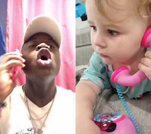 Toddler and Adult Play with Pink Toy Telephone