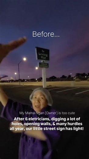The LED light in our street sign was not working since we opened and the MOST difficult part to figure out, since this building and electrical was from 1951 . We could not find the connection of the wires for so long until now. This is the best Christmas and New Year's gift for my Mama Ngan! ❤️ We are so happy and want to share this moment with you! Hope you can see it soon! ✨ Grateful for everyone that has helped us, especially Head Chef Viet! #light #streetsign #vegankitchen #cutemom #lovinghu