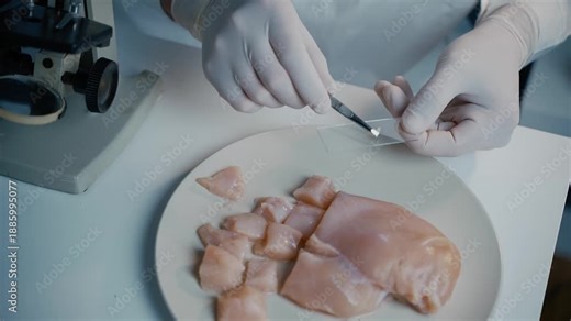 Scientist in gloves uses tweezers to place a raw meat sample on a glass slide, then puts it under a microscope for detailed study. Professional food quality control and safety inspection in a lab