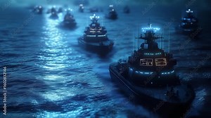 Experience a high-resolution flyover of a naval task force with tactical HUD overlays showcasing power metrics during a joint international military operation.