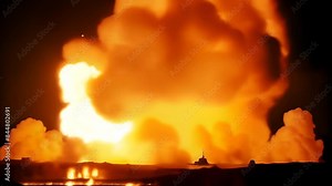 Massive Explosion at war - A dramatic and intense image capturing a massive explosion at night, with bright orange flames and thick clouds of smoke lighting up the dark sky, reflecting on the water