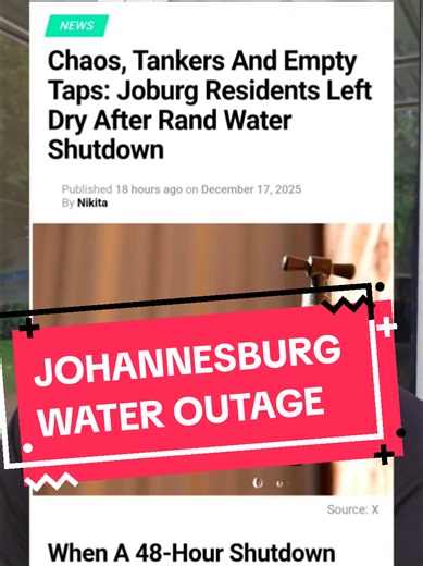 Sharing a little about the current water situation in Johanesburg, South Africa. As of today, some areas of Johanesburg have been without running water for 5 days. Supposedly it all started with a scheduled maintenance that was only supposed to be 1-2 days? Not totally sure. Either way, definitely missing the convenience of running water. 😅 The last time we experienced an outage like this (about 2 years ago), it was only 2-3 days but we also had no power then, so it was definitely worse. 🤣 Any