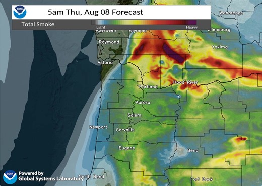 Smoke from area wildfires is expected to impact portions of NW OR & SW WA the next few days. Here is a forecast of what the smoke in the atmosphere might look like. Some of this smoke might make it to the surface, causing the smell of smoke & poor air quality. | US National Weather Service Portland Oregon