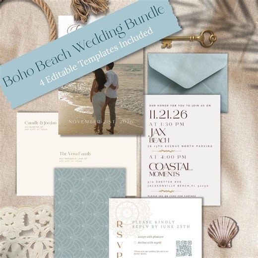 Boho Beach Wedding Invitation Bundle, Coastal Teal & Beige, Instant Download Set - Etsy