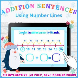 Addition Sentences using Number Lines Numbers to 20 Winter Math Boom Cards