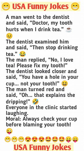 57K views · 23 reactions | When a Man Blamed His Tooth… But the Cup Was Broken! ☕ | Funniest Joke Ever  #FunnyJokes #USAHumor #EnglishComedy #LOL #DentistJoke #ViralJokes | USA Funny Jokes | Facebook