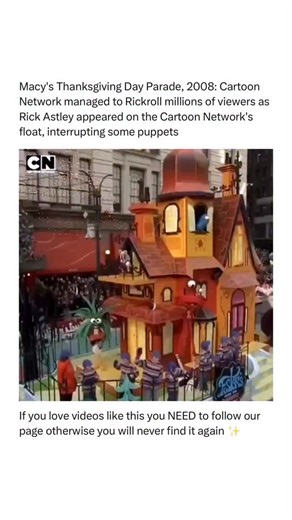 Our Pop Cultures on Instagram: "During the 2008 Macy’s Thanksgiving Day Parade, Cartoon Network pulled off one of the most legendary live TV pranks of the decade: they Rickrolled millions of viewers. In the middle of their float’s performance—featuring characters from the show Foster’s Home for Imaginary Friends—the music suddenly cut, and Rick Astley himself stepped out, flawlessly launching into “Never Gonna Give You Up.” The surprise appearance stunned audiences both at home and along the par