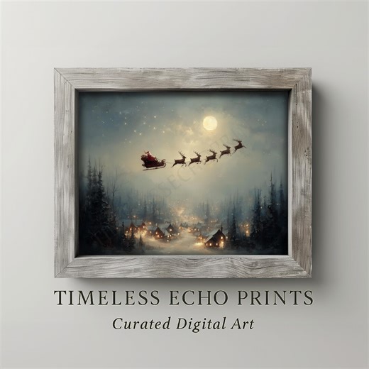 Vintage Santa Sleigh Christmas Print: Flying Over Village Wall Art, Moody Winter Scene Printable (digital Download) 153 - Etsy