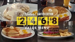 Denny's Limited Edition $2 $4 $6 $8 Value Menu TV Spot, 'Precios más bajos: entrega gratis'