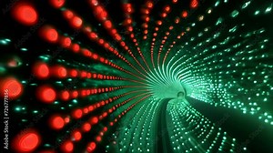 Green particles of light radiating from a red center form a digital space, evoking the flow of accelerating data or information.