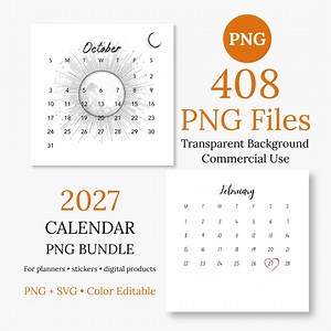 2027 Calendar PNG Bundle, 408 PNG Files, Transparent Background, 17 Designs, Planner Stickers, Clipart SVG, Commercial Use, Canva - Etsy UK