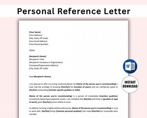Personal Reference Letter Template Editable, Character Reference Letter, Printable Recommendation Letter, Word & PDF Download - Etsy Australia