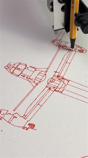 Drawscape on Instagram: "V-22 Osprey — tiltrotor blueprint in red, ready for takeoff. Plot Time: 9m 5s Plot Distance: 43.2 feet / 13.2 meters Pen: Stabilo Fineliner 88 Paper: Hemptone White Aircraft: V-22 Osprey — Bell Boeing Engine: Rolls‑Royce AE1107C | Max Speed: 275 knots | Service Ceiling: 25,000 ft | First Flight: March 1989 Three-view technical layout (top, front, side) that highlights the Osprey’s unique tiltrotor silhouette. Crisp red lines on warm Hemptone paper give this piece a preci