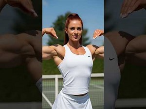 Muscular woman powerful poses, owning the tennis court