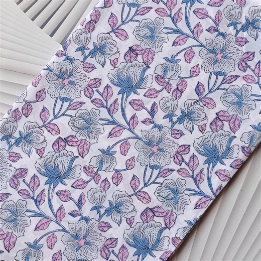 Indian Cotton Hand Block Print Fabric, Blue and Pink Floral Print, Natural Hand Dyed Soft Fabric, Handmade Fabric by Yard for Dresses, Gift - Etsy