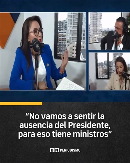 Ante las críticas por las constantes salidas del presidente de la República del país, Nataly Morillo, ministra de Gobierno, afirmó que no se sentirá la ausencia del Noboa porque "para eso tiene a los ministros". Morillo también aseguró que las salidas del primer mandatario son para atraer inversión extranjera como equipamiento para la Policía Nacional y las Fuerzas Armadas. Vídeo: Primera Plana. | BN