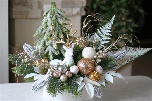 Champagne Christmas Table Centerpiece: Deer Tree Floral Arrangement, Holiday Home Decor - Etsy