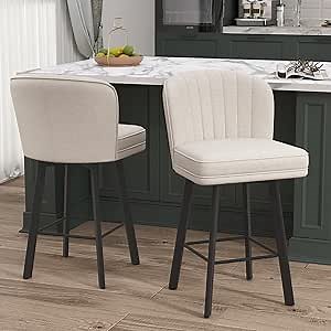 SAECKBERG Swivel Counter Height Bar Stools Set of 2, 26'' Modern Barstools with Backs and Metal Legs, Upholstered Bar Chairs, Beige, Fabric Stools for Kitchen Island Chairs