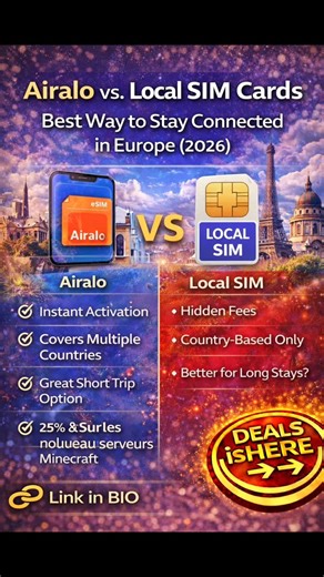 📱🌍 Airalo vs. Local SIM Cards: What’s the Best Way to Stay Connected in Europe (2026)? Traveling to Europe this year? Don’t overpay for roaming! 💸 We compared Airalo eSIM vs. traditional local SIM cards to help you decide: ✅ Convenience & instant activation ✅ Pricing & hidden fees ✅ Coverage across multiple countries ✅ Data speed & reliability ✅ Best option for short trips vs. long stays Whether you're backpacking across Europe or taking a luxury getaway, this guide will help you choose the s
