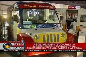 Tila diskumpiyado ang LTFRB kung maipapatupad agad ang Jeepney Modernization Program. Ang pilot implementation ng programa, sa tatlong siyudad sa Metro Manila pa lamang maipatutupad ngayong Disyembre. May report si Tricia Zafra. Sa mga Kapuso abroad, tumutok o mag-subscribe sa GMA Pinoy TV, GMA Life TV, at GMA News TV International para sa iba pang mga balita. | State of the Nation - GMA News