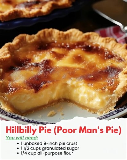 Hillbilly Pie (Poor Man's Pie) Ingredients: 1 unbaked 9-inch pie crust (store-bought or homemade) 1 1/2 cups granulated sugar 1/4 cup all-purpose flour 1/4 teaspoon salt 1 cup whole milk 2 large eggs, lightly beaten 1 teaspoon vanilla extract 1/2 cup unsalted butter, melted 1/4 teaspoon ground nutmeg or cinnamon (optional, for topping) Directions: | My Grandma’s Recipes