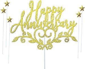 Glitter Happy Anniversary Cake Topper,5 pcs golden Star Cake Cupcake Topper,Wedding Anniversary Cake Toppers, Happy Anniversary Party Decorating supplies (golden)