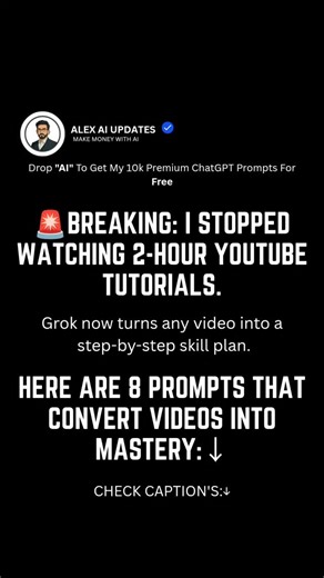 Here are 8 prompts that convert videos into mastery:↓ 1. Comprehensive Overview Prompt: “I’ve shared a YouTube video. Give me a high-level overview of everything being taught, broken into the main skills, concepts, and phases, as if you’re introducing it to someone seeing it for the first time.” 2. Skill Tree Extraction Prompt: “From this video, identify the complete skill tree required to master the topic. Organize it from foundational skills to advanced execution.” 3. Actionable Learning Plan 