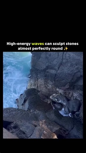 Nexyllo | Tech Solutions on Instagram: "The post features a 15-second video of a remarkably spherical stone, roughly 70cm wide, lodged in a coastal pothole on Sado Island, Japan, where wave action causes it to rotate slowly and erode gradually over time. Geologically, this "pothole boulder" forms through millennia of abrasive grinding by swirling water and debris, with sedimentological studies showing sphericity ratios approaching 0.9 in high-energy environments like Hiranezaki's marine potholes