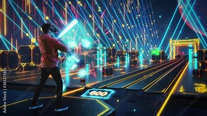 High Tech Futuristic 3D Animation: Player Wearing Virtual Reality Headset Plays Augmented Reality Action Video Game, Fighting Cubes with Laser Swords, Scoring Points