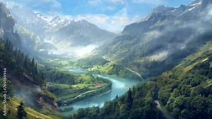 "Scenic Symphony: Mountains, rivers, and a winding highway weave together in a breathtaking harmony, forming a captivating landscape, seamless looping time-lapse animation video background by AI."