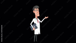 Cartoon young doctor character with notepad folder speak and talking animation with alpha channel
