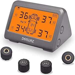 Tire Pressure Monitoring System Solar TPMS, MY77T Tire Pressure Monitor System with 4 External Sensors, DIY Front/Rear Tire Pressure Setting, Display Temperature & Humidity in Car (0-116 PSI)