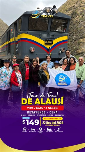 🚂 El Tren de Alausí: una experiencia que te conecta con la magia de Ecuador 🇪🇨 El viaje perfecto para quienes buscan historia, paisajes únicos y momentos inolvidables 💚 Vive un recorrido lleno de cultura, tradición y aventura, mientras disfrutas del encanto de Alausí, el Desierto de Palmira y la majestuosa Balbanera. 📅 Fecha de salida: Sábado 22 de noviembre del 2025 🕕 Hora: 06:00 AM 📍 Lugar: Av. De las Américas, gasolinera Primax junto a la Hyundai 💼 EL TOUR INCLUYE: 🚍 Transporte turís