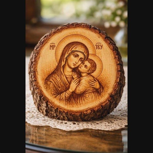 lemn de prun,Maica Domnului cu Pruncul,mestesug manual prin ardere...2100 r.