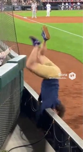 FAN LEANS TO FILM FOUL BALL… DROPS PHONE… FALLS INTO CAMERA PIT 📱💀