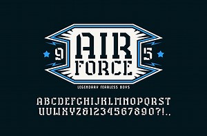 Stencil-plate serif font and air force emblem. Letters and numbers...