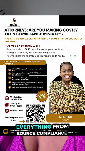 Nobody teaches attorneys the financial side of running a firm — and that’s exactly where things go wrong. Dvine CA’s live webinar on 30 July 2026 covers SARS compliance, LPC requirements, VAT, PAYE and trust account audits — and then a full attorney audit done with you by their CA(SA) team. 30 July 2026 | 9am–12pm | Teams | R750 Secure your seat here:https://www.quicket.co.za/events/364529-the-business-side-of-running-a-law-firm-tax-sars-compliance-for-attorneys/